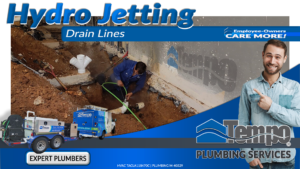 Tempo Air plumber hydro jetting excavated pipe.