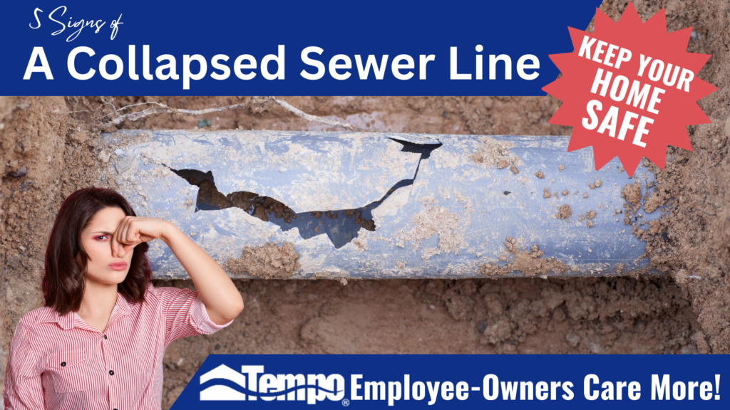 Woman holding nose because of sewer odors with a collapsed and cracked in-ground sewer line showing in background.