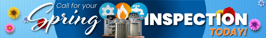 alt="Banner promoting Spring HVAC and Plumbing inspections by Tempo Air. Image is showing some heating, cooling, and plumbing equipment, and flowers to represent spring."