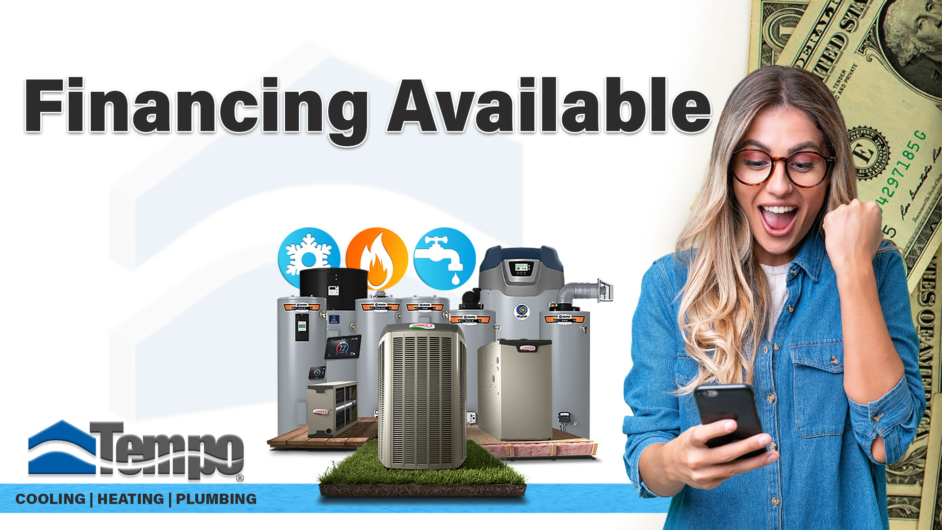 alt="Creative from Tempo Air HVAC and Plumbing Services announcing Financing Services Available"