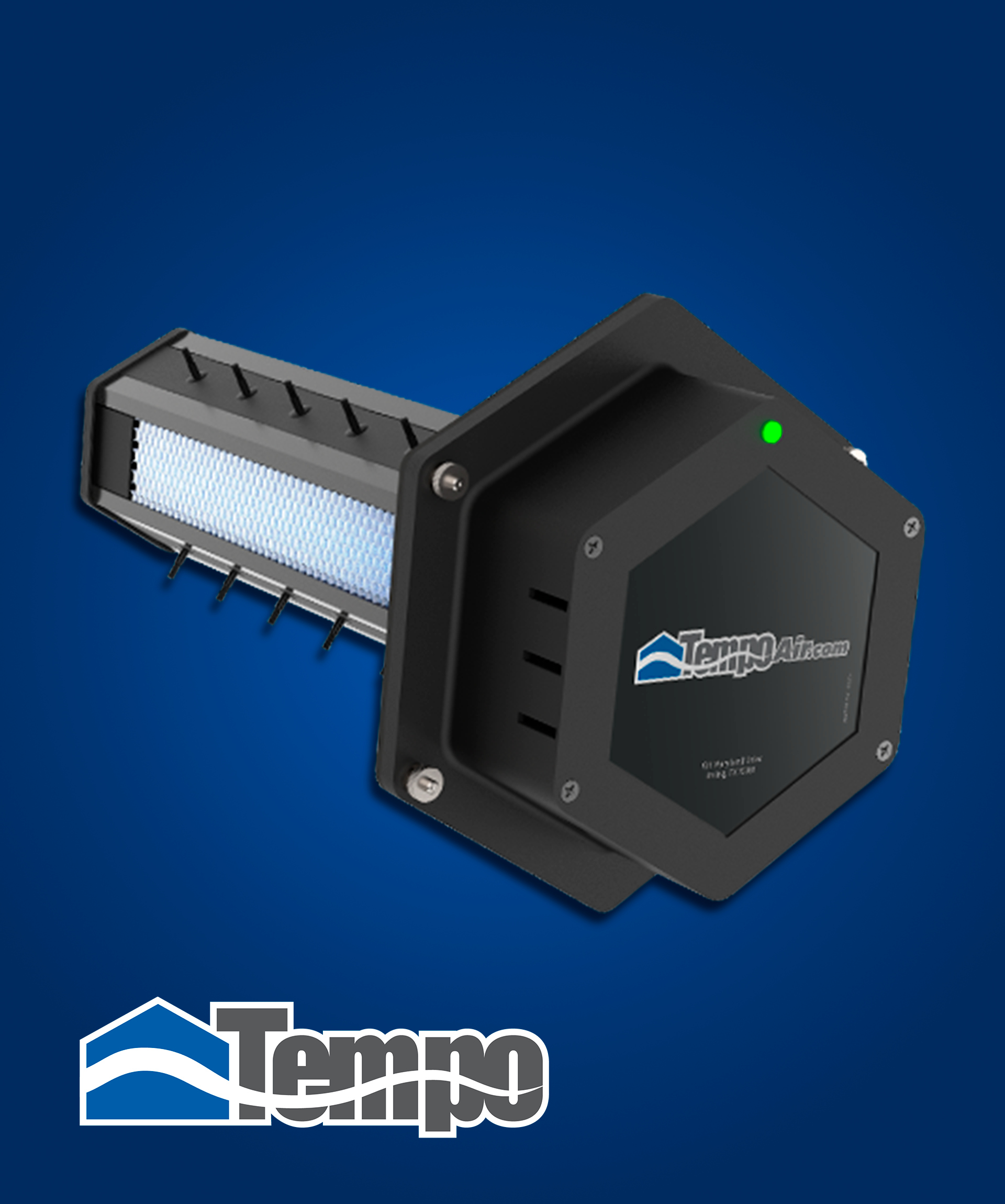 alt="Tempo Air Purifier, a product to improve Indoor Air Quality with Tempo Logotype in a gradient blue banner"