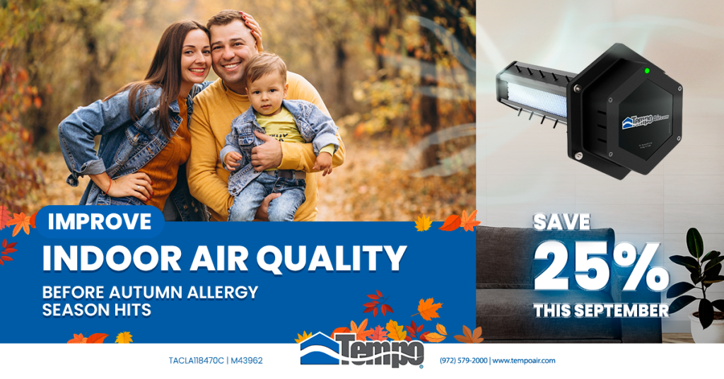 alt="Family enjoying fall outdoors with Tempo Air Fall Allergy Relief Package – Save 25% on HVAC tune-up and purifier installation this September."
