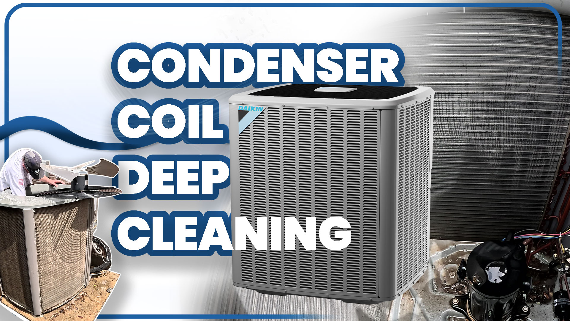 alt="Creative containing a brand new Daikin Condenser Coil, a Tempo Air Expert Technician cleaning a dirty one to describe the service, and in the backgroun, the interior of a condenser coil after the deep cleaning service. Our Tempo Air Condenser Coil Deep Cleaning Service is essential for extending the life of your unit, improving energy efficiency, and lowering utility bills."