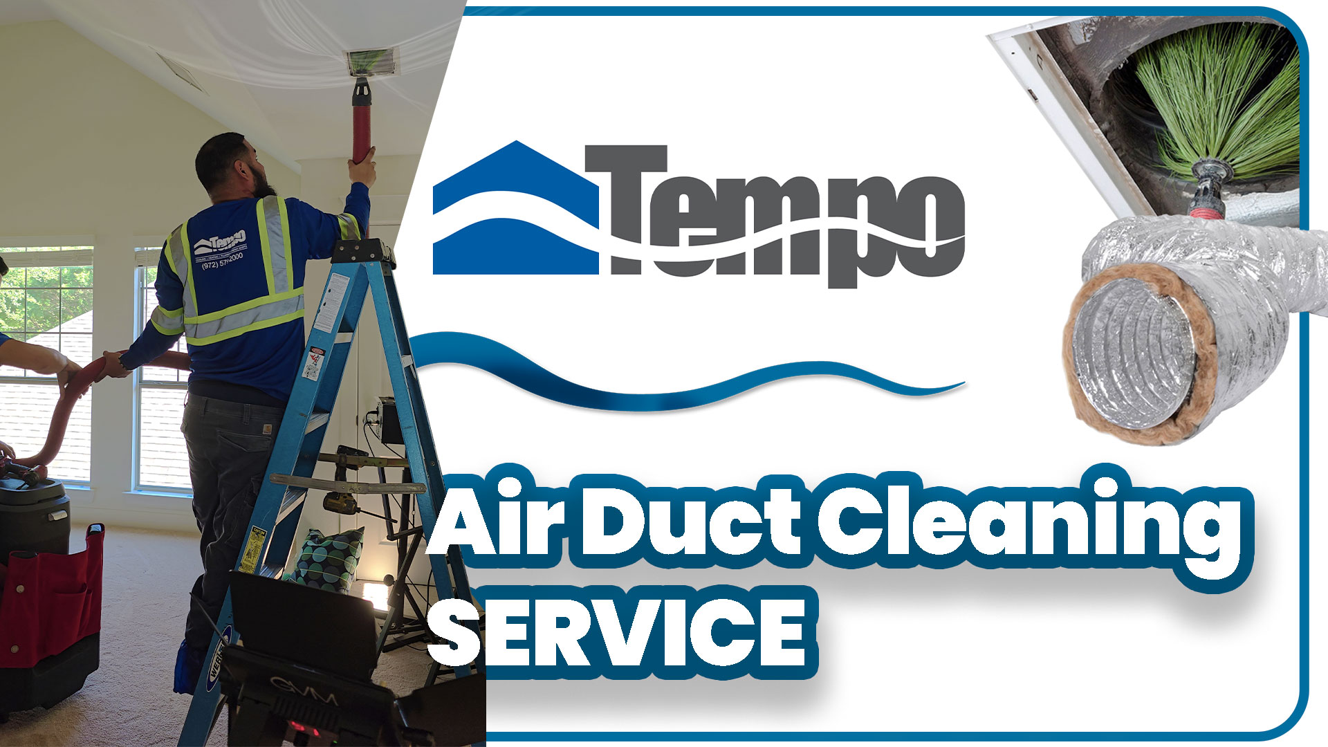 alt="Creative related to our Tempo Air Duct Cleaning Services. A Expert HVAC Technician manipulating a Duct Cleaning Brush in a Air Grill in the Ceiling of a house."