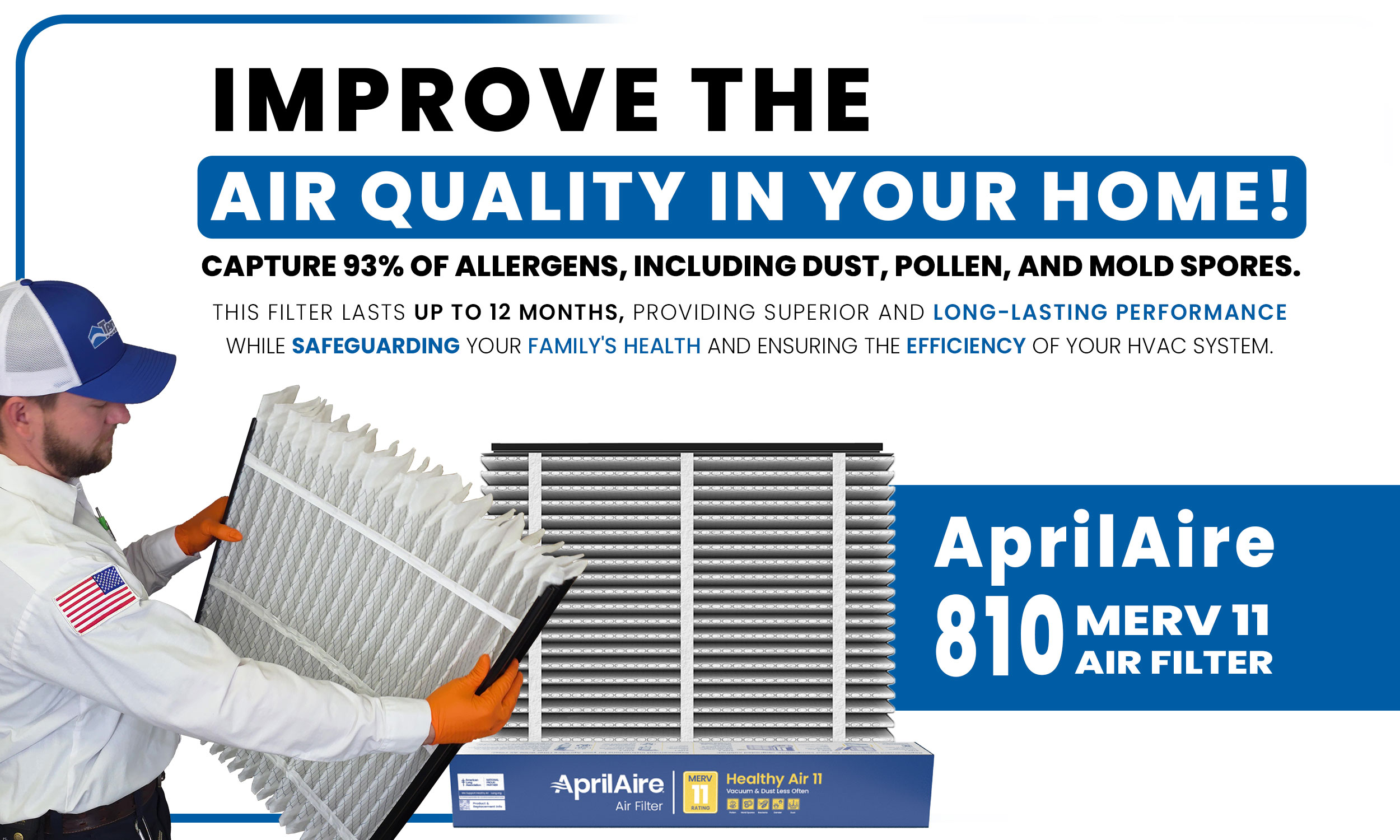 alt="Creative showcasing AprilAire 810 MERV 11 HVAC Air Filter and it's bennefits in indoor air quality and systems performance."