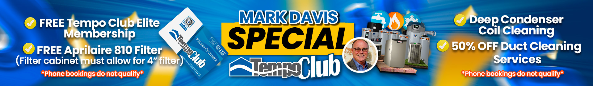 alt="Wide promotional banner for the Mark Davis Special, showing free Tempo Club Elite Membership, a free Aprilaire 810 filter, deep condenser coil cleaning, and 50% off duct cleaning, with HVAC equipment, a photo of Mark Davis, and a blue confetti design."