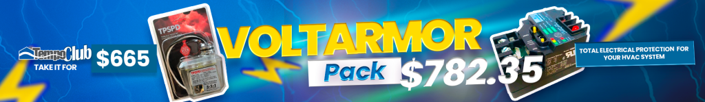 alt text="Banner VoltArmor Pack design with the surge protector and hard start kit centered on an electric blue background with lightning bolts, emphasizing complete electrical protection for HVAC systems."