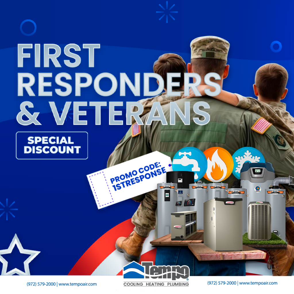 Alt text="Special discount for first responders and veterans, showing a military family alongside HVAC and plumbing systems, honoring service members with exclusive savings."