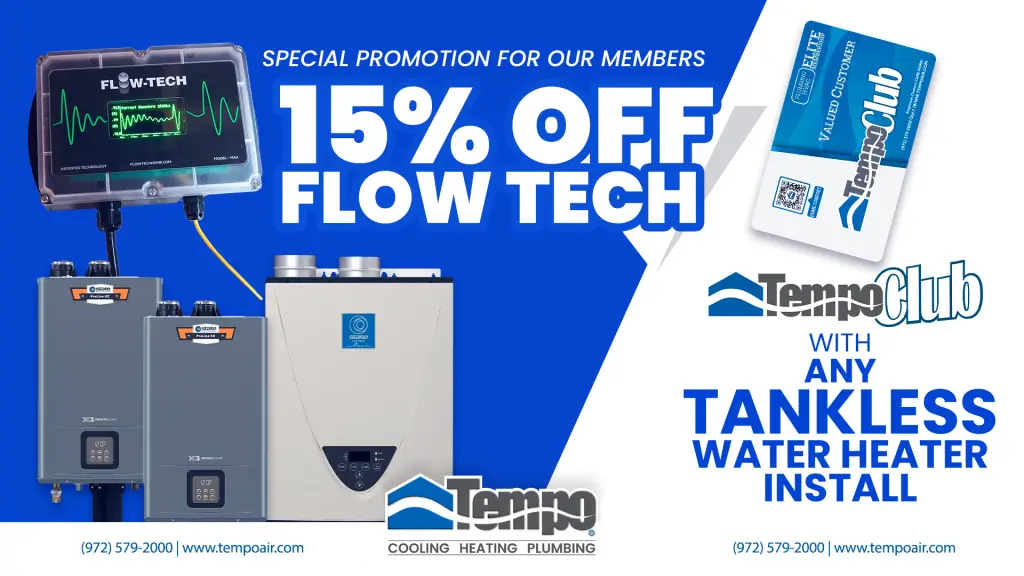 alt text="Promotion offering 15% off Flow Tech and tankless water heater installation with Tempo Club membership, featuring water heaters, plumbing equipment, and Tempo Club Elite card."