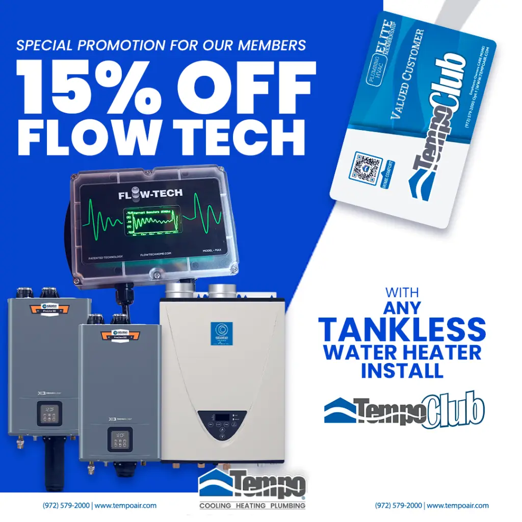 alt text="Promotion offering 15% off Flow Tech and tankless water heater installation with Tempo Club membership, featuring water heaters, plumbing equipment, and Tempo Club Elite card."