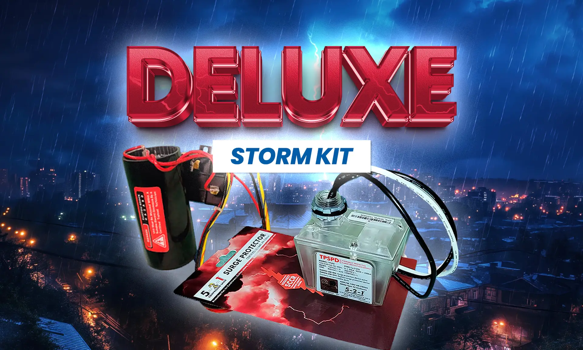 alt text="Banner showing a lightning storm background with the text “Storm Kit Protection,” displaying the surge protection equipment included in the storm protection package."