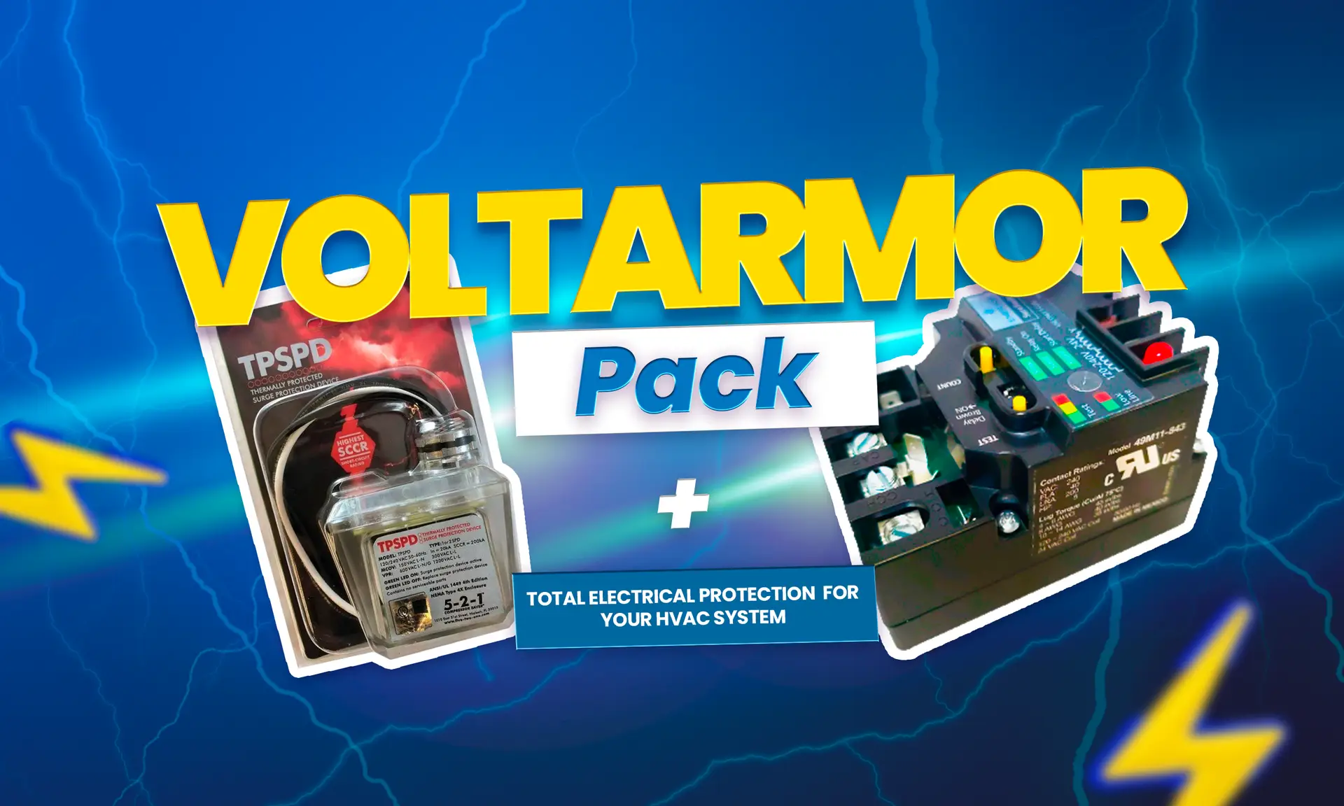 alt text="Promotional banner with a stormy background and the text “Volt Armor Pack,” highlighting the electrical protection components included in the package."