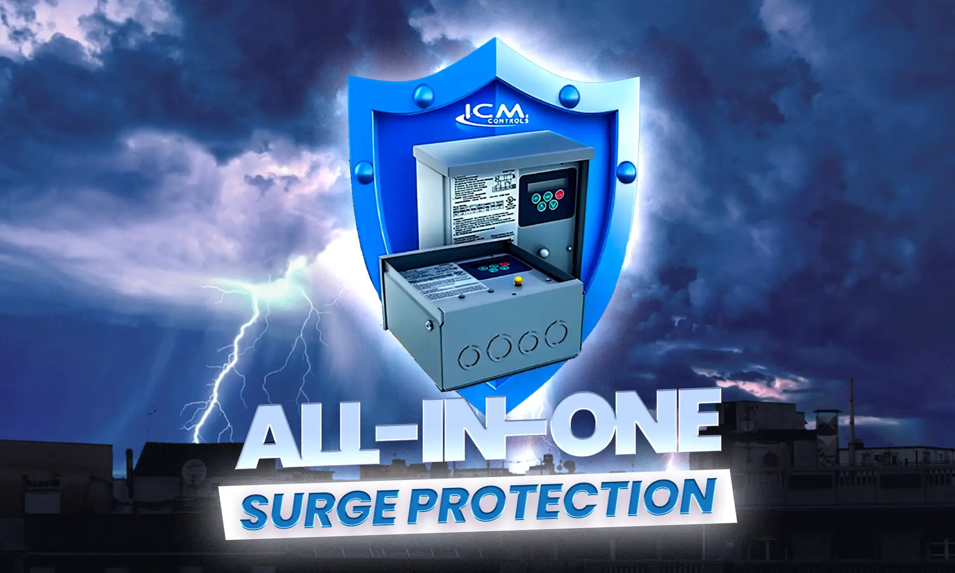 alt text="Banner with an electric storm background and the text “All-in-One Surge Protection,” featuring the electrical protection devices included in the promotion."