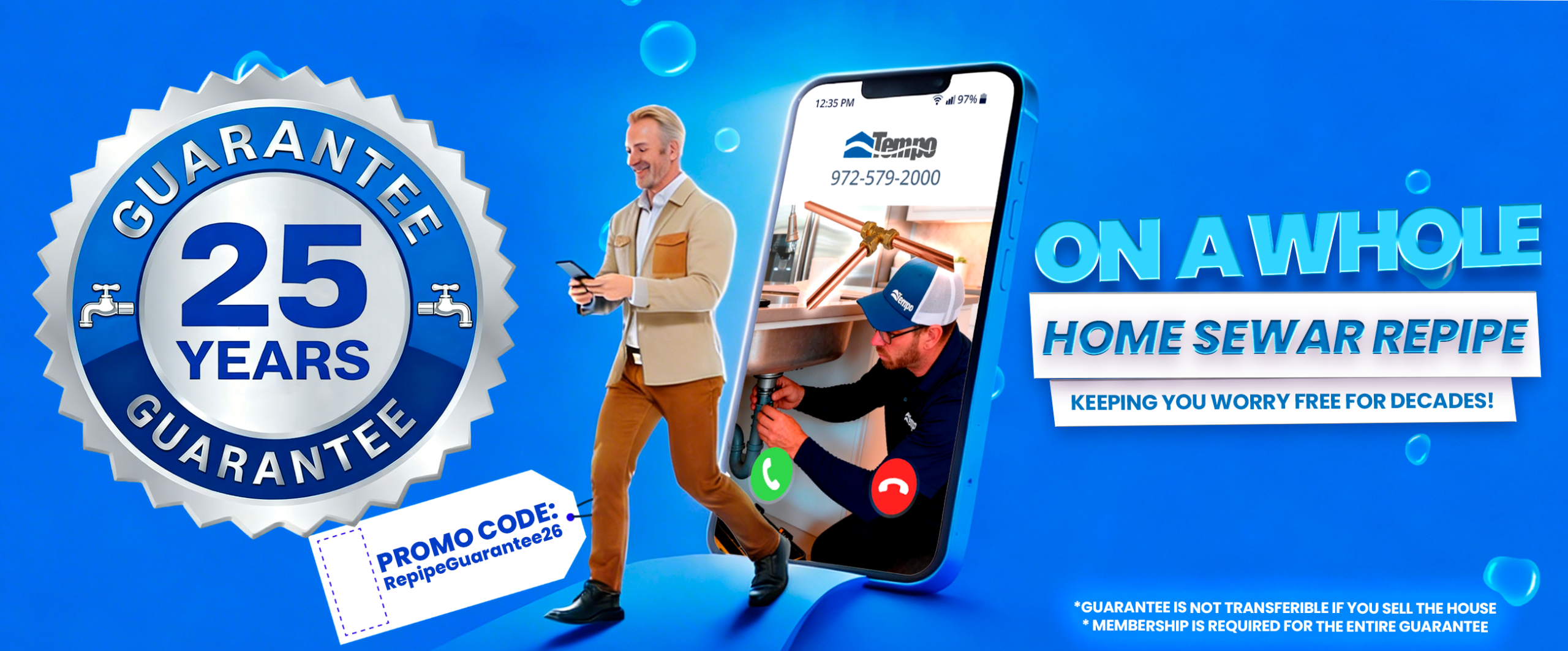 Alt text=""Banner showing a Tempo Air plumber inspecting residential pipes with the text “25 YEARS GUARANTEE”