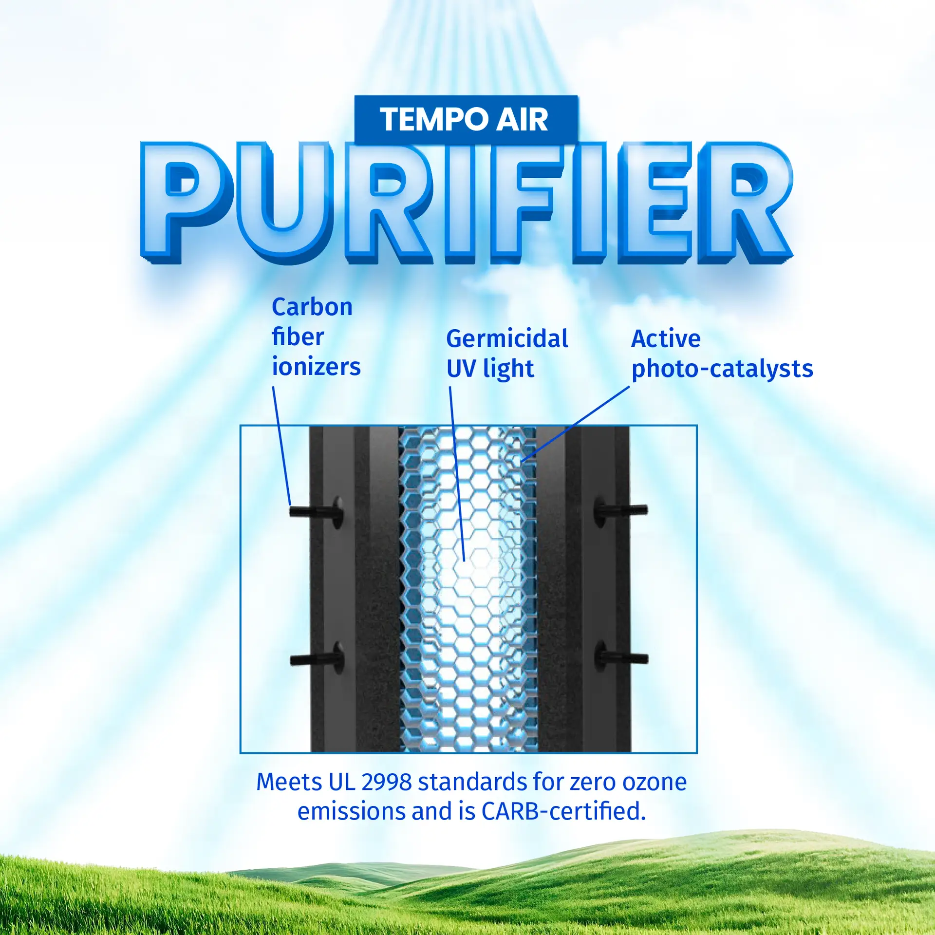 alt text="Tempo Air Purifier benefits displayed with clean design and natural grass elements, highlighting healthier air, comfort, and air quality improvements."