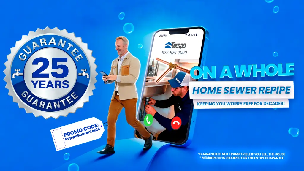 alt text="Banner showing plumbing technician, mobile app, and 25-year guarantee promotion details"