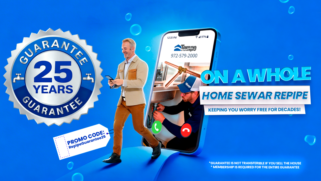 alt text="Banner showing plumbing technician, mobile app, and 25-year guarantee promotion details"