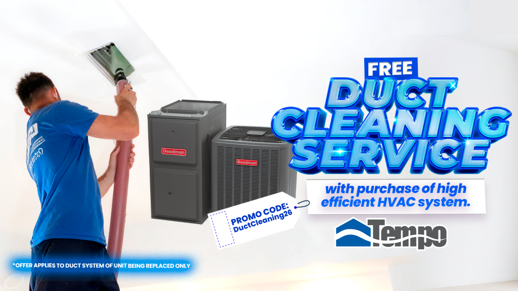 alt text="Banner showing technician performing duct cleaning with promotional offer details"