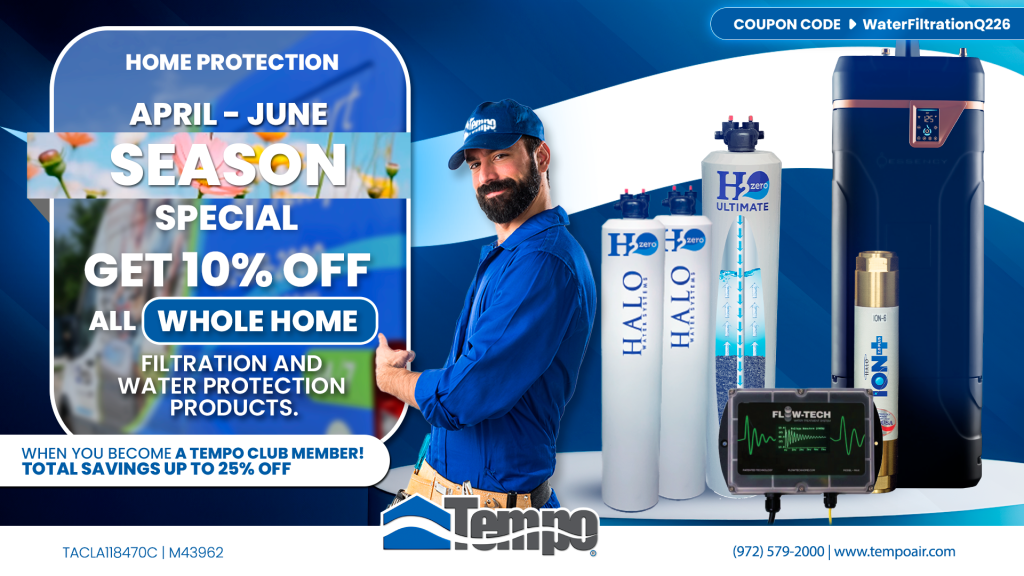 alt text="Banner with Tempo Air plumber and water filtration products with promotional offer details"