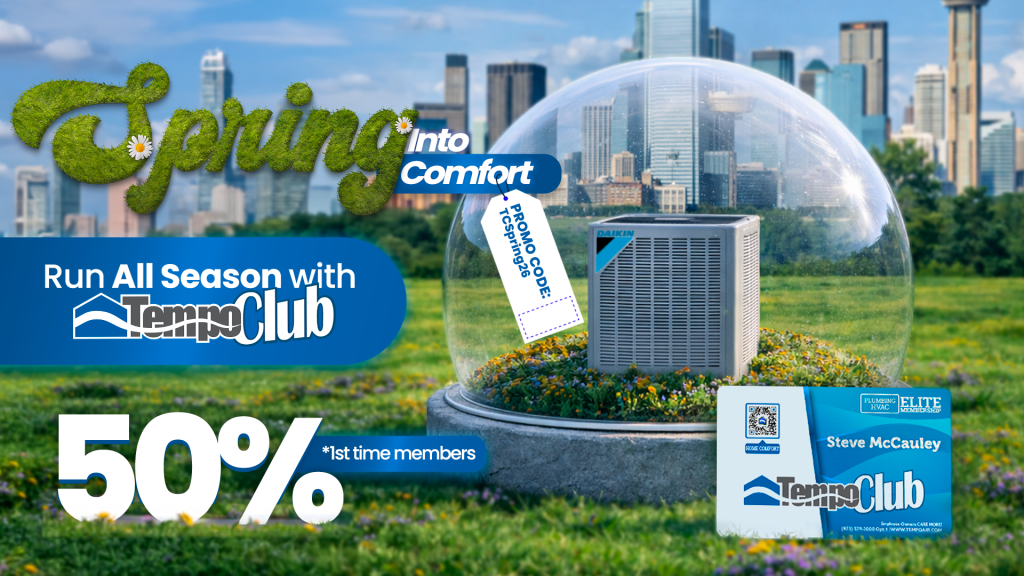 alt text="Banner with green garden scene, HVAC products, and Tempo Club spring promotion details"