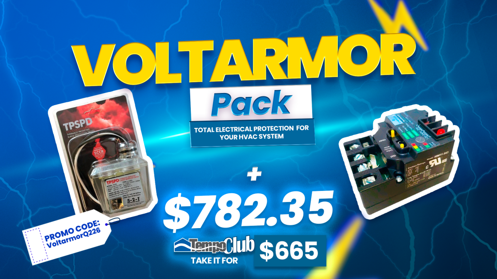 alt text="Banner with lightning background and VoltArmor products highlighting surge protection offer"