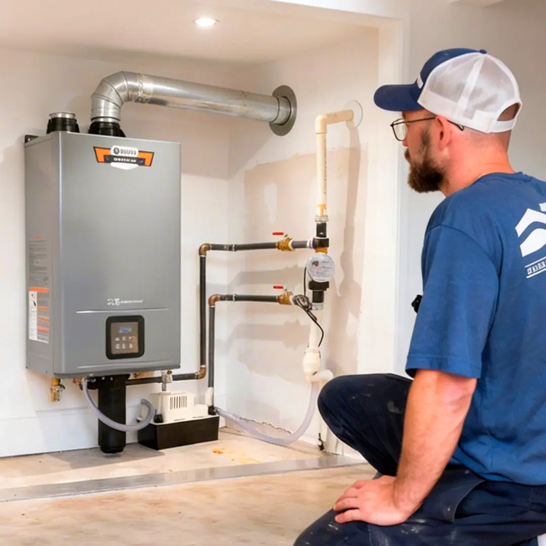 alt text="Square image of plumber installing a water heater system in a home"