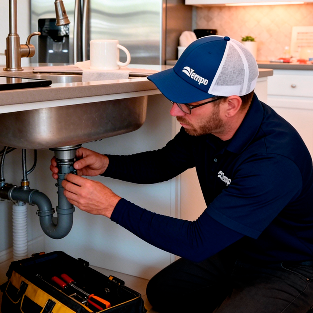 alt text="Image showing a Tempo Air technician inspecting plumbing under a kitchen sink during a residential plumbing service."