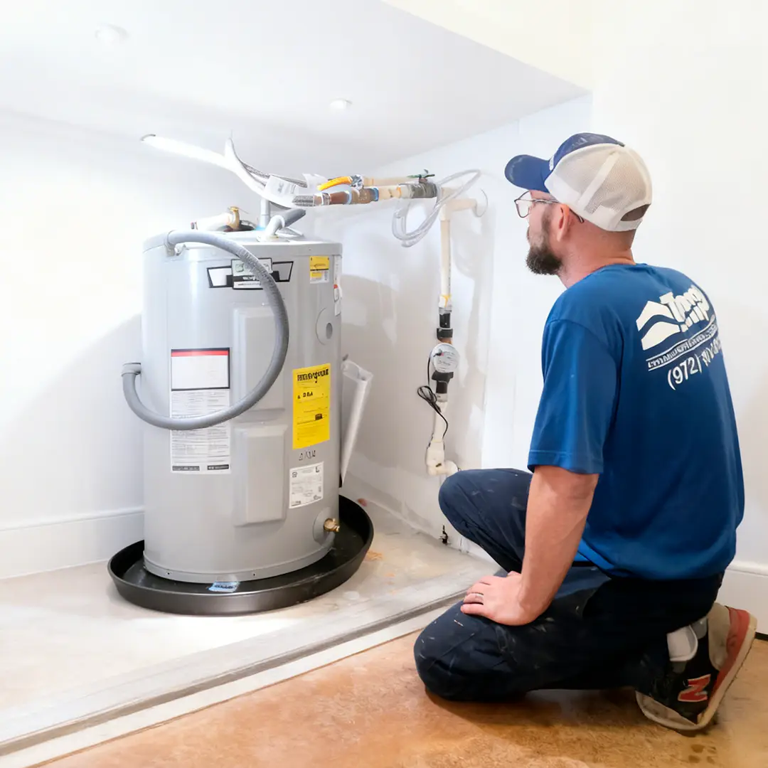 alt text="Square image featuring a Tempo Air plumber replacing a water heater unit"