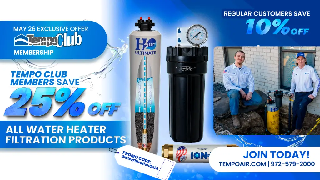 alt text="Banner showing Tempo Air plumber with water filtration systems and promotion highlighting 10% OFF and up to 25% total savings for Tempo Club members"