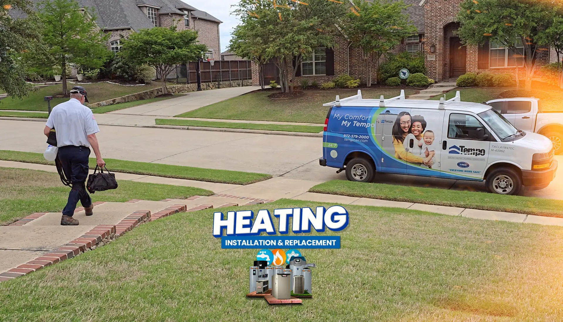 alt text="Tempo Air technician performing heating system installation with residential comfort messaging."