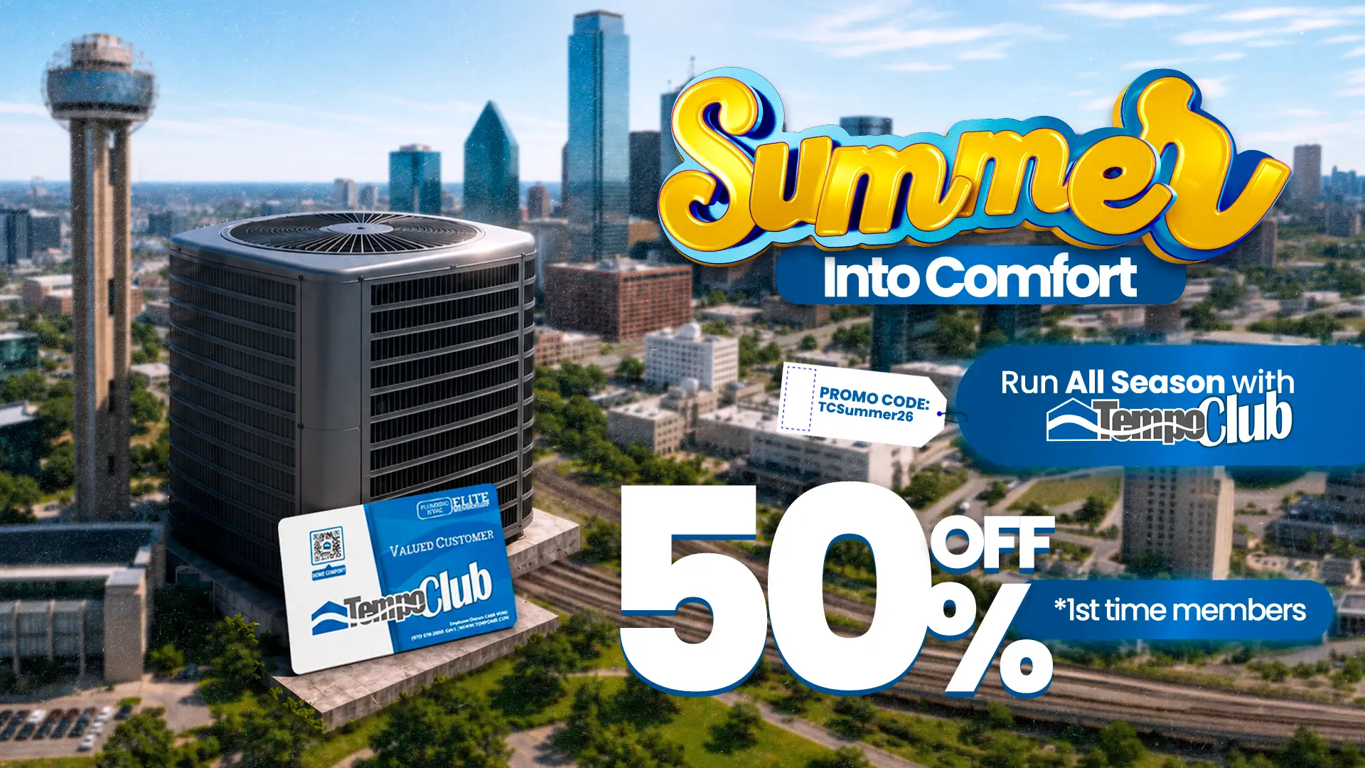 alt text="Horizontal banner promoting 50% OFF Tempo Club membership for first-time members, featuring seasonal HVAC and plumbing maintenance benefits for year-round home comfort."