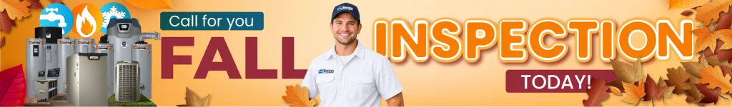 AltText="Tempo technician with HVAC and water heating equipment promoting a fall home system inspection."