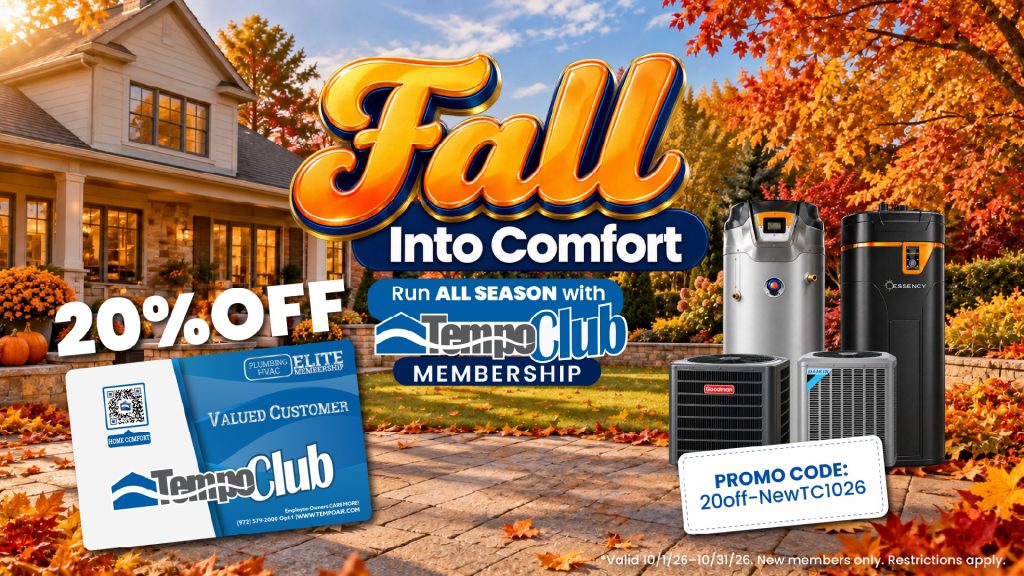 Tempo Club fall promotion advertising 20% off new memberships, with HVAC and water-heating equipment, a Tempo Club membership card, and promo code 20off-NewTC1026.