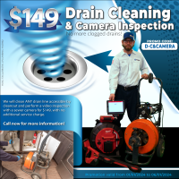 The image shows a Tempo Air promotion offering to clean ANY drain line accessible by and perform a video inspection with a sewer camera for $149, with no additional additional service charge. 1