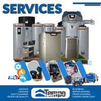 The image shows some of the HVAC and plumbing systems that Tempo Air install and a short list of the services offered. 1