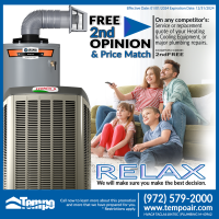 The image shows a Tempo Air promotion consisting of a free second opinion with a price match on any competitor's service or replacement quote for your heating & cooling equipment or major plumbing repairs. Customers must call Tempo Air as some restrictions apply. 1