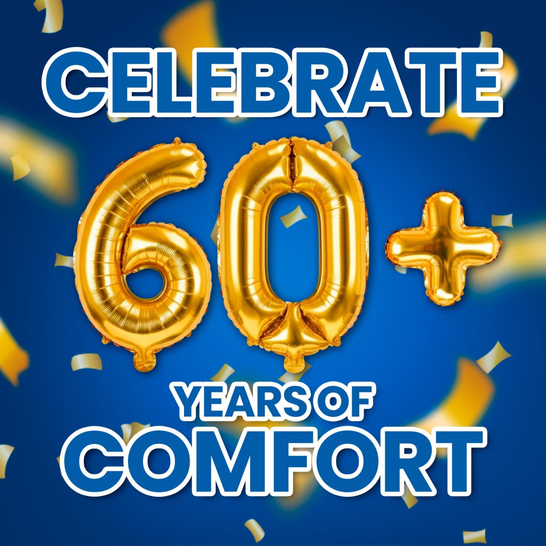 alt="Square promotional graphic with the text “Celebrate 60+ Years of Comfort,” featuring golden balloon numbers and confetti, promoting Tempo Air’s anniversary offer."