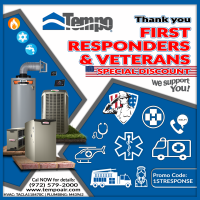 The image shows a Tempo Air promotion that honors the service of first responders and veterans by offering them special discounts when using the coupon code "1STRESPONDERS". 1
