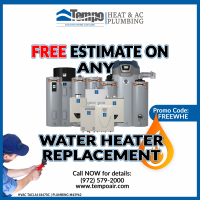 The image shows a Tempo Air promotion offering free estimates on water heater installation. 1